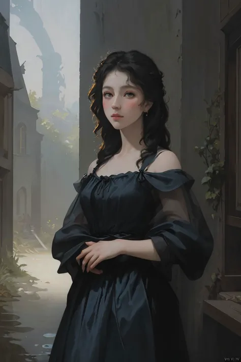 a painting of a woman in a black dress standing in a alley