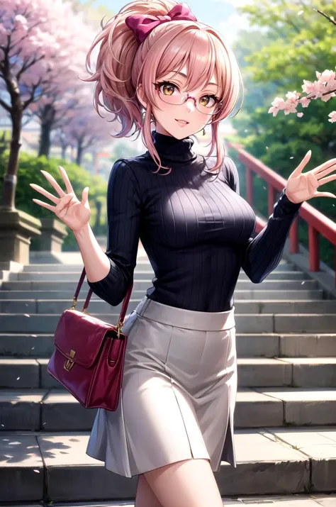 anime girl with pink hair and glasses posing on steps