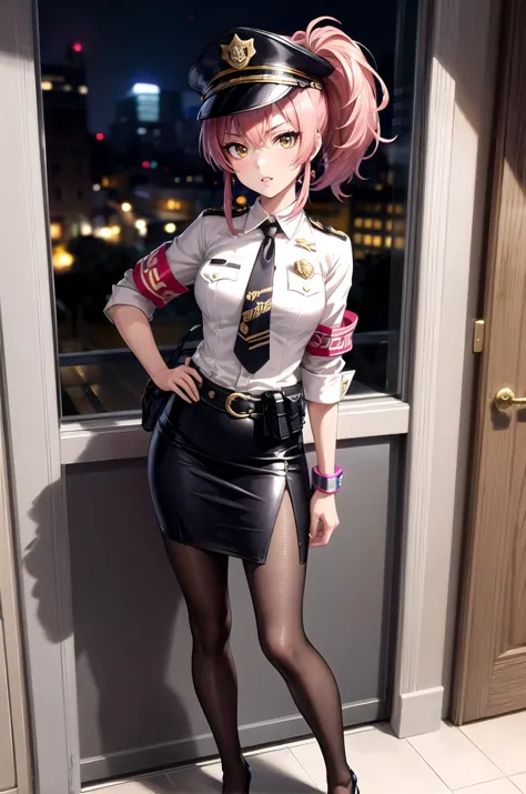 (masterpiece, best quality, detailed), 1girl, solo, looking at viewer, <lora:jougasaki_mika_v1:0.7>, aamika, ponytail, hair bow, policewoman, police uniform, collared shirt, white shirt, police hat, peaked cap, armband, indoors, office, contrapposto, legs apart, hip focus, necktie, pencil skirt, belt, belt pouch, window, full body, side slit, pantyhose, high heels, black footwear, night, peace sign, serious, parted lips