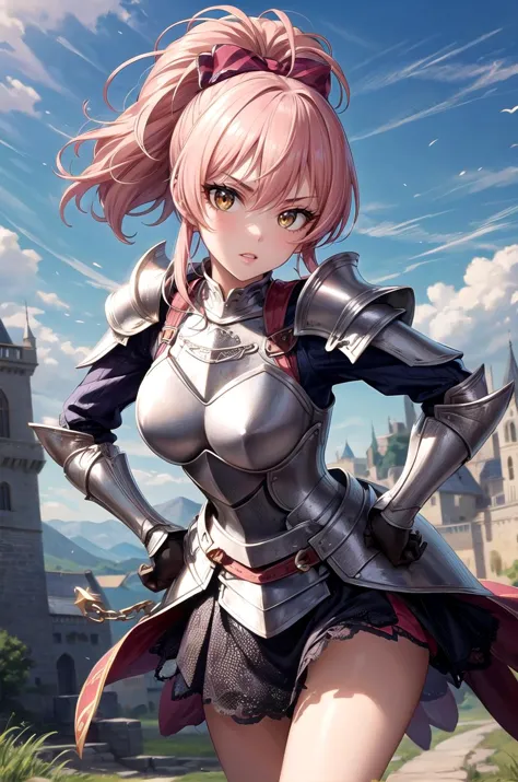 (masterpiece, best quality, detailed), 1girl, solo, looking at viewer, <lora:jougasaki_mika_v1:0.7>, aamika, ponytail, hair bow, armor, breastplate, shoulder armor, plate armor, knight, (chainmail), white armor, outdoors, fantasy, wind, hands on hips, legs apart, gloves, boobplate, (armored dress), dress, castle, dark clouds, mountainous horizon, leaning forward, from below, serious, parted lips