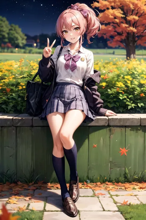 anime girl in school uniform posing on a wall with a hand up