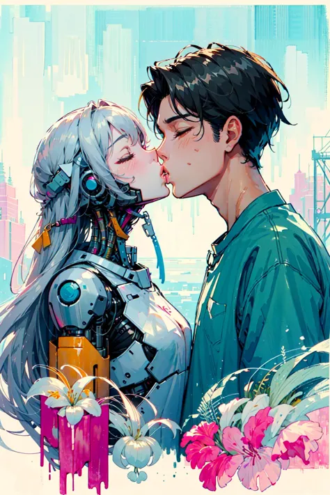 anime couple kissing in front of a city skyline