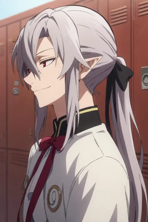 score_9, score_8_up, score_7_up, source_anime, rating_safe, , anime screencap, anime coloring, , , depth of field, 1boy, solo, male focus, <lora:ferid_bathory_pony:0.86>, ferid_bathory, grey hair, red eyes, long hair, hair between eyes, pointy ears, ponytail, profile, locker room, day, looking back, smirk, , <lora:sdxl_lightning_8step_lora:1>