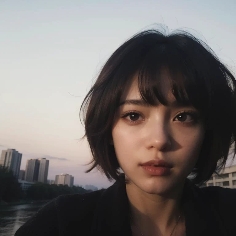 1girl, (short hair, messy hair:1.2), black eyelashes, river, from below