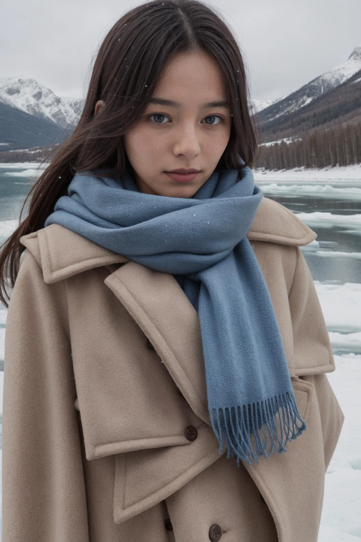 1girl,ice field,water,snowing,wind,cold,scarf,, 