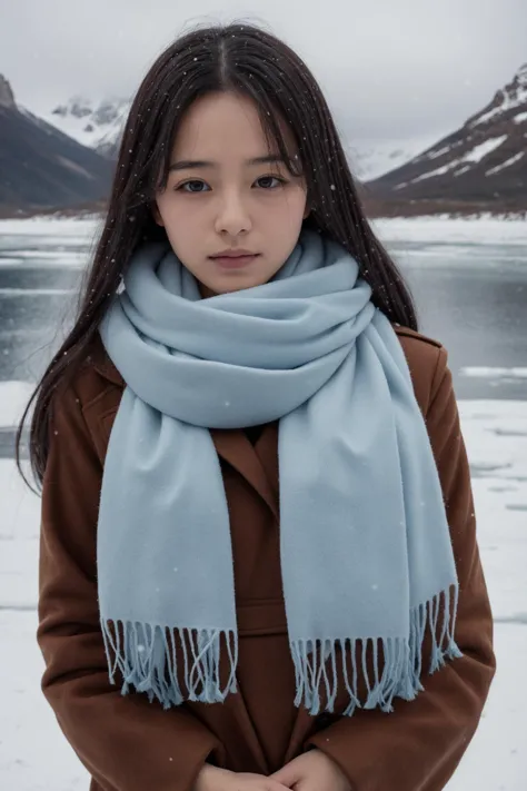 1girl,ice field,water,snowing,wind,cold,scarf,