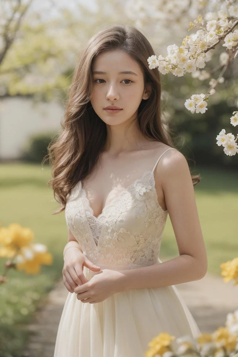 looking at viewer, A 18 year old girl , white dress,lace,cleavage, There are many scattered luminous petals,hidding in the light yellow flowers,Depth of field, Many scattered leaves,branch,angle,contour deepening, cinematic angle,