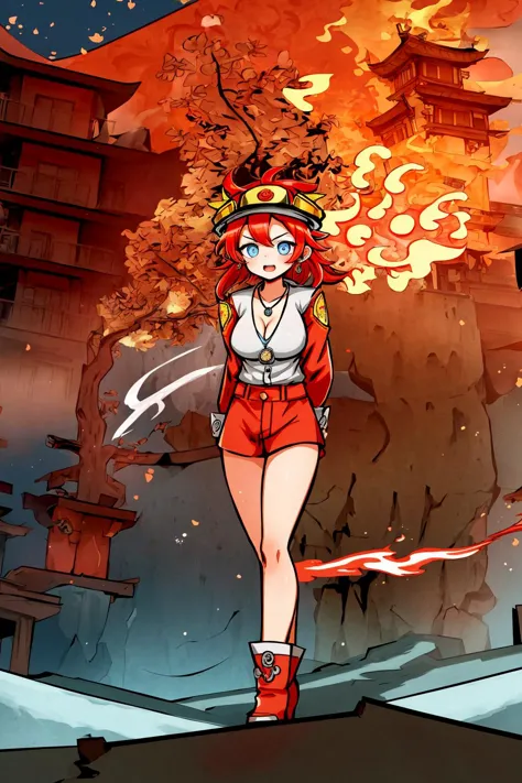 a cartoon girl in a red outfit and a white top is standing in front of a building