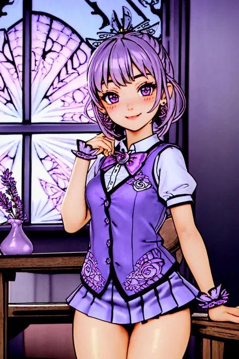 masterpiece, ultra-detailed, best quality, illustration, 8k cg wallpaper, an extremely delicate and beautiful, 1girl, solo, perfect anatomy, cute face, smiling, blushing, sparkling eyes, deep purple eyes, beautiful detailed eyes, lavender hair, short hair, disheveled hair, cute hair accessories, cute earrings, cute necklace, slim body, medium breasts, formal school uniform, perfect arms, perfect hands, perfect fingers, cute arm accessories, cute hand accessories, perfect legs, cute, pretty, beautiful, sexy, perfect body, (background: castle bedroom, bed, desk, chair, window, intricately detailed items in background), <lora:Okami_substance:1>