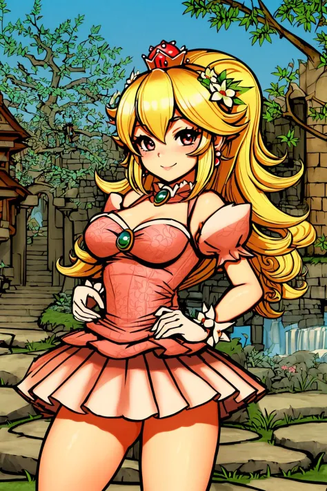 masterpiece, ultra-detailed, best quality, illustration, 8k cg wallpaper, an extremely delicate and beautiful, 1girl, Princess Peach /(Super Mario Bros/), solo, perfect anatomy, smiling, blushing, perfect arms, perfect hands, perfect fingers, perfect legs, cute, pretty, beautiful, sexy, perfect body, (background: castle courtyard, grass, trees, flowers, gate, intricately detailed items in background), 