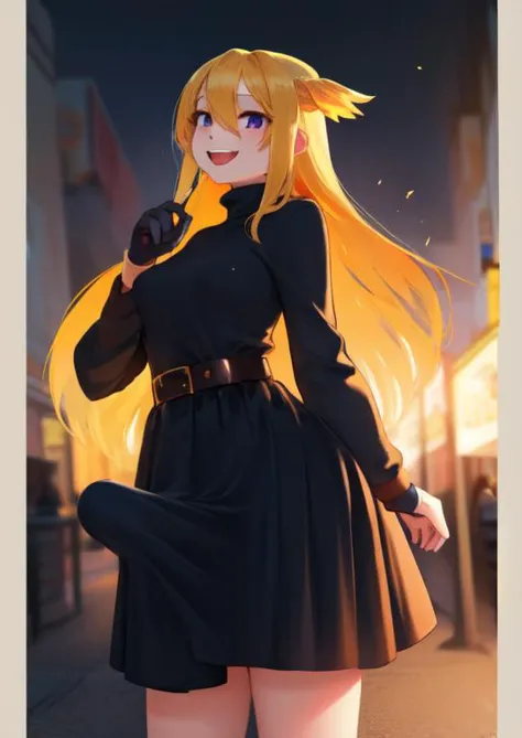 (masterpiece, best quality:1.2), extremely detailed, soft ambient lighting, sharp focus, 4K, BREAK 1girl, tall girl, (long blonde hair, blue colored inner hair:1.2), hikimayu, hair between eyes, purple eyes, small pupils, (crazy eyes, crazy smile), black turtleneck sweater, maxi black skirt, black gloves, black belt, gold buckle, small breasts, <lora:Constricted Pupils5:0.7>, <lora:colored inner hair:1.2>, <lora:(Concept) Eyebrows Maro:1>, BREAK <lora:cloth-bulge:1>, cloth bulge, looking at viewer, from below