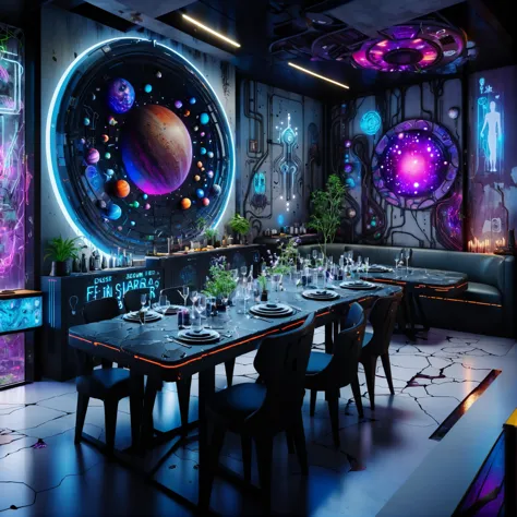 masterpiece, highly detailed, 8k, uhd, sci-fi, fantasy, intricate design,cinematic,science fiction room, post-apocalyptic,dining...