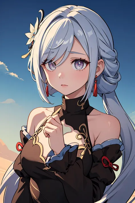 (masterpiece, best quality), 1girl, <lora:shenhefrostflowerdew-gi-richy-v1:1> shenhefd, braid, hair ornament, hair over one eye, earrings, dress, detached sleeves, tassel