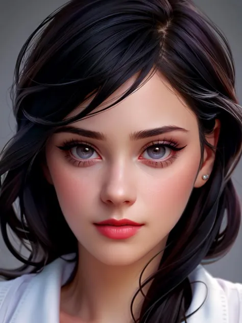 Realistic photo of a beautiful z003yd-v1 woman,  1girl, solo, looking at viewer, bangs, simple background, black hair, parted lips, grey background, black eyes, lips, grey eyes, makeup, lipstick, portrait, close-up, realistic, nose, red lips, soft lighting, professional Photography, Photorealistic, detailed, RAW, analog, sharp focus, 8k, HD, high quality, masterpiece<lora:z003yd-v1:1.0>