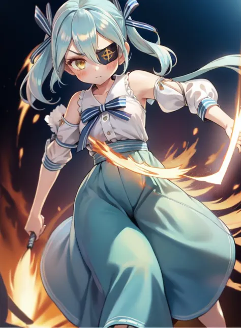 masterpiece,best quality,1girl,twintails,blue hair,yellow eyes,blush,hair ribbon,medium hair,light blue hair,orange eyes,bangs,two side up,<lora:LRL-006-000008:0.8>,(fire background:1.2),(palazzo pants :1.2),(Pretending to pull back a bow and arrow :1),(sorry face), Eyepatch