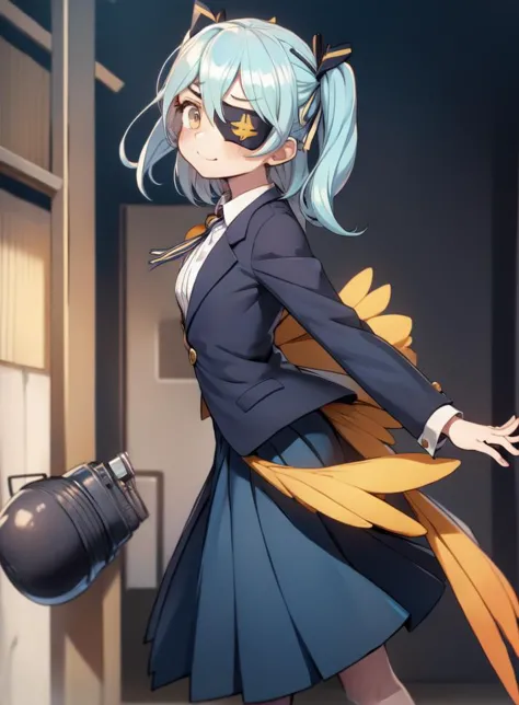 masterpiece,best quality,1girl,twintails,blue hair,yellow eyes,blush,hair ribbon,medium hair,light blue hair,orange eyes,bangs,two side up,<lora:LRL-006-000008:0.8>,(slums background:1.2),(suit :1.2),(Pretending to fly like a bird :1),(:p face), Eyepatch