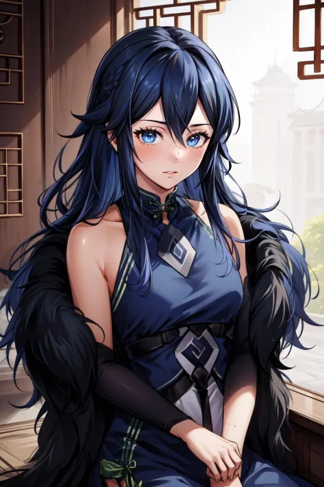 (masterpiece, best quality),  intricate details,
1girl,    <lora:lucina-03:0.8> 1girl, blue hair, blue eyes, solo,  hair between eyes, mature female,
 <lora:ChinaDressShunV1:0.8> china dress, fur trim,  sweating,