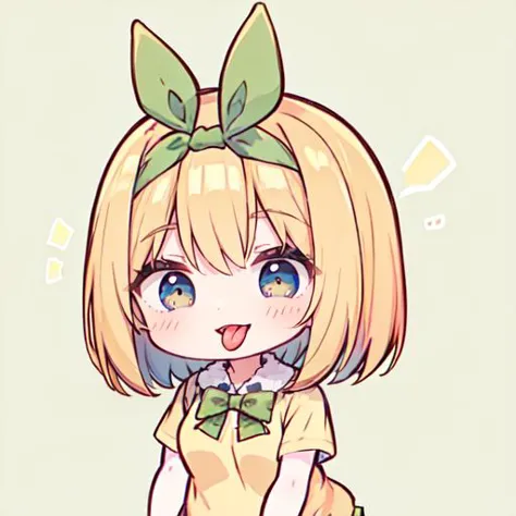 chibi emoji, long tongue, tongue out, aayotsuba, short hair, hair ribbon, green ribbon, hairband, green bow, collared shirt, sweater vest, yellow sweater, short sleeves, green skirt, pleated skirt<lora:exag-000009:1>, simple background <lora:nakano_yotsuba_v1:1>