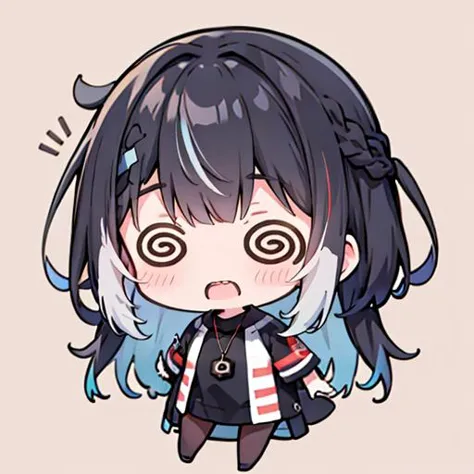 chibi emoji, @@, open mouth,civitai-chan, teeth, braided bangs, shirt, single vertical stripe, pantyhose,multicolored hair, black hair, blue hair, necklace 