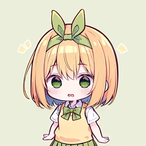 emoji chibi, aayotsuba, Cheveux courts, ruban à cheveux, ruban vert, bandeau pour cheveux, arc vert, chemise à col, gilet pull, Pull jaune, manches courtes, jupe verte, jupe plisséefond simple 