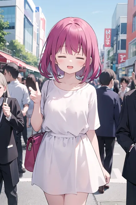 anime girl in white dress walking down a crowded street with a pink purse