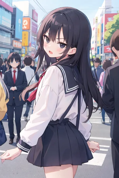 anime girl in school uniform standing in a crowded street