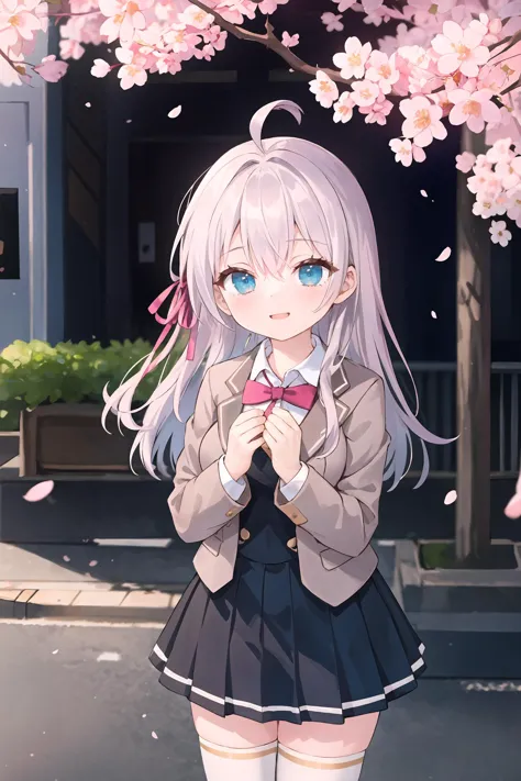 anime girl in a school uniform standing under a cherry tree