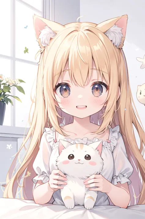 anime girl with long blonde hair holding a white cat