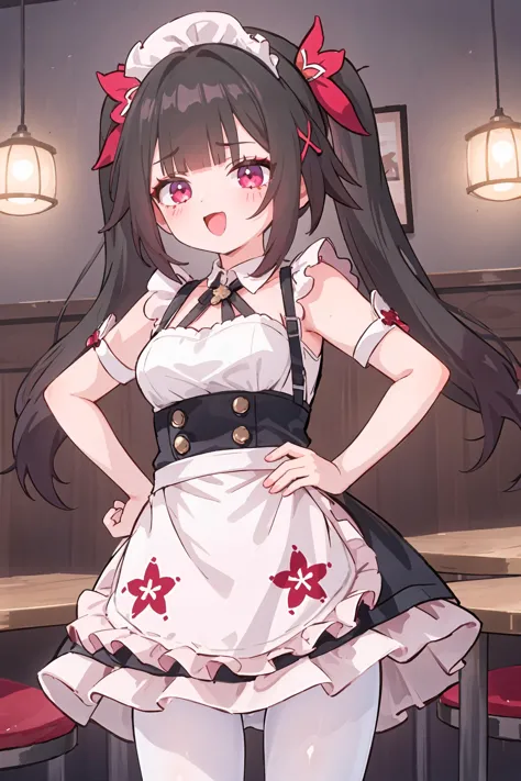 anime girl in a maid outfit standing in a bar with a bloody face