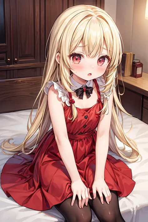 (masterpiece, best quality), 1girl, blonde hair, red dress, pantyhose, cute face, blush, <lora:add_detail:1>
