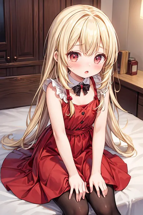 (masterpiece, best quality), 1girl, blonde hair, red dress, pantyhose, cute face, blush, 