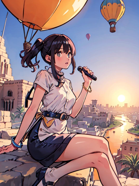 best quality, detailed background,1girl, Egypt ,hot air balloon ride over the Valley of the Kings, marveling at the stunning views of the Nile River below.