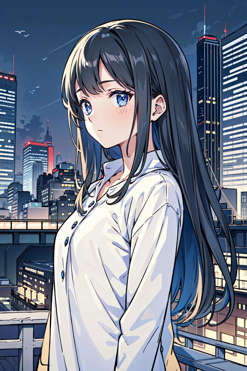 (masterpiece),(best quality), girl,((ultra-detailed)), (highly detailed CG illustration),(expressionless),cityscape, flat color, upper body,