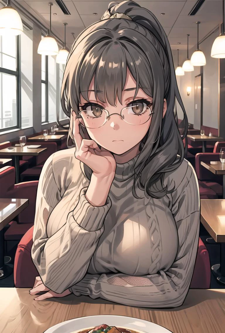 upper body,facing viewer,1girl,RioFutaba,pony tail,dark grey HAIR,brown eyes,glasses,breast rest on table,green sweater,expressionless,elbow on table, hand on face, looking at viewer, big room, giant glass, restaurant, luxurious, light, reflections, solo,   