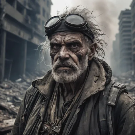Epic  artwork insane detailed closeup of an old sad man wearing post apocalyptic clothes of a polluted and destroyed city, an at...