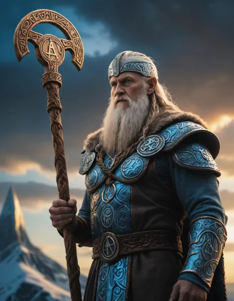 artwork closeup of odin standing in asgard, epic light ,and fantasy sky, nordic runes, high quality photography, 3 point lightin...