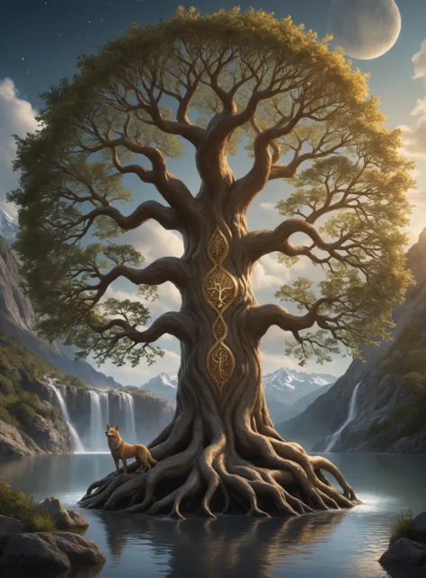 The paintingof the legendary Yggdrasil tree, reaching up towards the heavens with its sprawling branches adorned with leaves shimmering like gold and jewels. Beneath it lies the serene waters of the wellspring of Urd, reflecting the image of the majestic tree. At the base of the tree, the wild beast Fenrir, guardian of the underworld, gazes upon the scene with watchful eyes., high quality photography, 3 point lighting, flash with softbox, 4k, Canon EOS R3, hdr, smooth, sharp focus, high resolution, award winning photo, 80mm, f2.8, bokeh