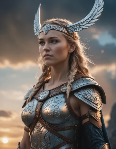 artwork closeup of a valkyrie standing in asgard, epic light ,and fantasy sky, nordic runes, high quality photography, 3 point l...