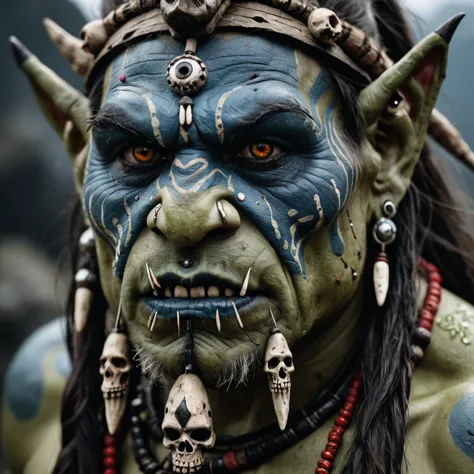 Extreme close-up of an orc shaman's face, adorned with ritualistic paint and bone piercings, ancient eyes hinting at dark magic, 35mm f/2.0 lens capturing the mystical malevolence, 8K resolution