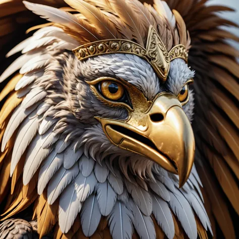 Intensely detailed close-up of a mythical griffin's majestic head, regal feathers, and fierce beak, golden eyes piercing through...