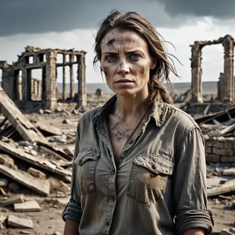 Post-apocalyptic survivor, resilient woman wearing a weathered shirt, standing amid ruins, eyes reflecting both loss and determi...