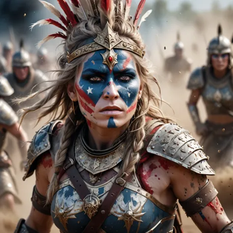 Epic battlefield commander, battle-worn warrior queen leading her troops, fierce determination in her eyes, war paint adorned, 5...