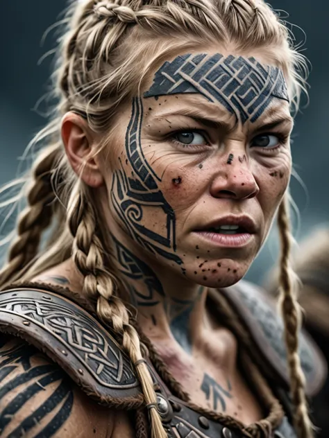 Close-up of a battle-hardened female Viking berserker, weathered face adorned with intricate Nordic tattoos, scars earned in cou...