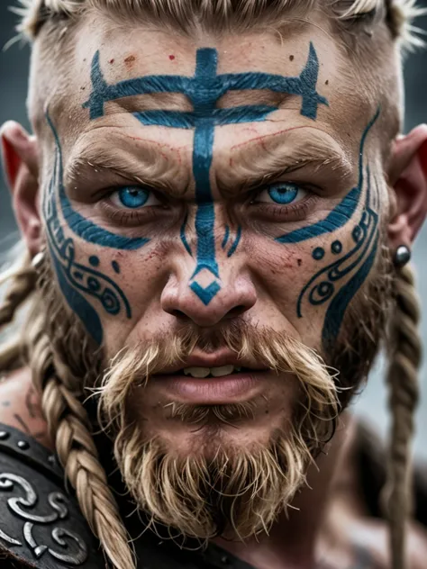 Close-up of a battle-hardened Viking berserker, weathered face adorned with intricate Nordic tattoos, scars earned in countless ...