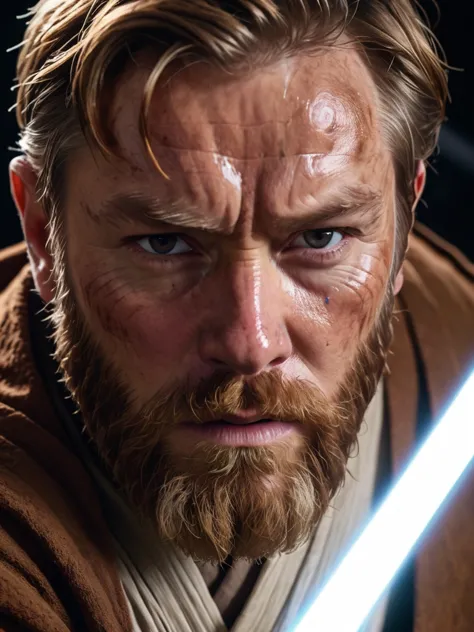 Raw close-up of Obi-Wan's face in the midst of a lightsaber duel, sweat and concentration etched on his features, beard ruffled ...