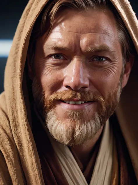 Extreme close-up of Obi-Wan's face in a moment of mentorship, a warm smile playing on his lips as he imparts Jedi wisdom, weathe...