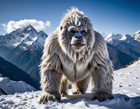 Deep within the Himalayan mountains, a solitary yeti, covered in shaggy white fur, traverses the snow-covered peaks. Shot with a 100mm f/2.8 lens, the intricate details of the yeti's fur and the stark contrast with the snowy landscape create a mythical scene that captures the mystery of this Himalayan legend, 8K resolution, UHD, DSLR, Insane details, award-winning photo, <lora:WildcardX-XL-Detail-Enhancer:1>