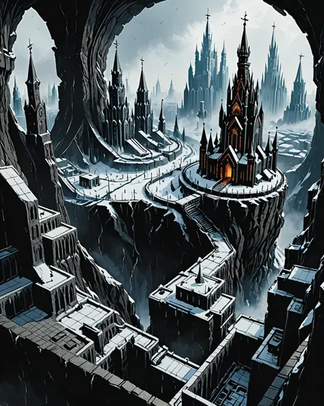 isometric of an insane details, landscape of a Moscow from inside of a Isengard, Hurricane, Sci-Fi, 35mm, modern, <lora:Dark_Nov...
