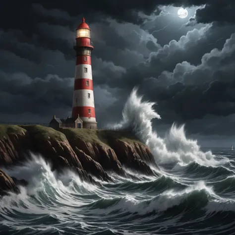 artwork of a Victorian eddystone lighthouse at a british shore, epic stormy sea at night