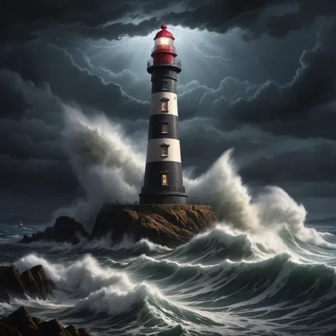artwork of a Victorian eddystone lighthouse at a british shore, epic stormy sea at night